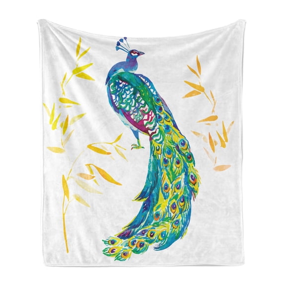 Peacock Soft Flannel Fleece Throw Blanket, Digital Watercolor Paint Creature Female Animal Large Tail Eyespots Image, Cozy Plush for Indoor and Outdoor Use, 50" x 60", Multicolor, by Ambesonne