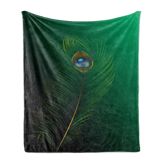 Peacock Soft Flannel Fleece Throw Blanket, Peacock Feather Illustration in Simplistic Style Wild Nature Life Print, Cozy Plush for Indoor and Outdoor Use, 60" x 80", Green Blue, by Ambesonne
