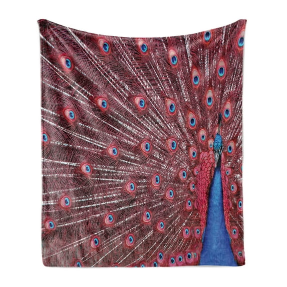 Peacock Soft Flannel Fleece Throw Blanket, Male Displays His Plumage Majestic Surreal Wildlife Themertwork, Cozy Plush for Indoor and Outdoor Use, 70" x 90", Burgundy Blue, by Ambesonne