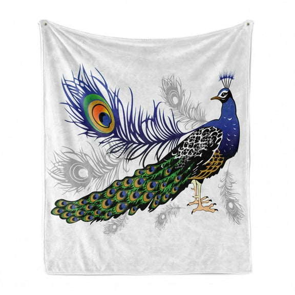 Peacock Soft Flannel Fleece Throw Blanket, Male Peacock Feathers Springtime Wilderness Crowned Majestic Animal Pattern, Cozy Plush for Indoor and Outdoor Use, 70" x 90", Multicolor, by Ambesonne