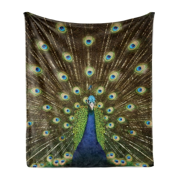 Peacock Soft Flannel Fleece Throw Blanket, Portrait of Animal Feathers out Vibrant Colors Birds Summer Garden, Cozy Plush for Indoor and Outdoor Use, 50" x 70", Navy Blue Green Brown, by Ambesonne