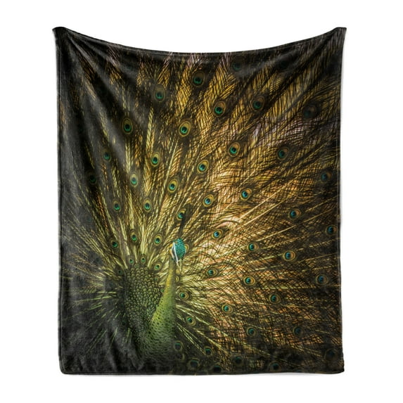 Peacock Soft Flannel Fleece Throw Blanket, Portrait of Male Bird Feathers out Picture in Dark Colors Modern Print, Cozy Plush for Indoor and Outdoor Use, 70" x 90", Mustard Green, by Ambesonne