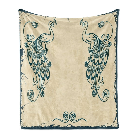 Peacock Soft Flannel Fleece Throw Blanket, Retro Style Vintage Artwork Animal Ornamental Lines Classic Print, Cozy Plush for Indoor and Outdoor Use, 60" x 80", Beige Teal, by Ambesonne