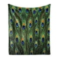 thumbnail image 1 of Peacock Soft Flannel Fleece Throw Blanket, Peacock Tail Feathers Tropical Exotic Animals Close-up Picture Artwork, Cozy Plush for Indoor and Outdoor Use, 70" x 90", Green Mustard Navy, by Ambesonne, 1 of 5