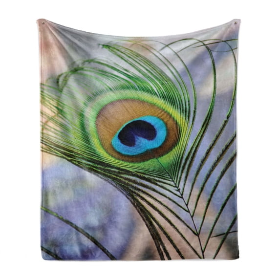 Peacock Soft Flannel Fleece Throw Blanket, Trees Birds and Feather Wildlife Colorful Tropical Animals Blurred Print Nature, Cozy Plush for Indoor and Outdoor Use, 70" x 90", Multicolor, by Ambesonne