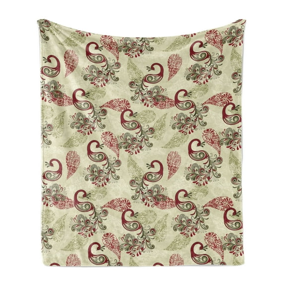 Peacock Soft Flannel Fleece Throw Blanket, Winter Pattern Peacocks Snowflakes Floral Paisley Ornate, Cozy Plush for Indoor and Outdoor Use, 50" x 60", Ruby Olive Green Cream, by Ambesonne