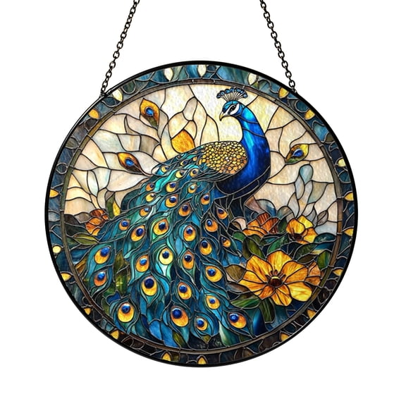 Peacock Stained Glass Art Window Panel, Colorful Nature Inspired Window Decor Featuring Detailed Peacock Feather Pattern Design