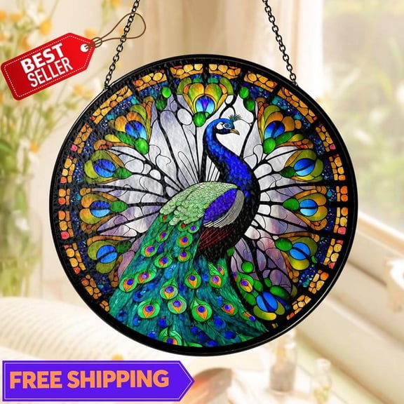 Peacock Stained Glass Suncatcher, Vibrant Bird Window Panel, Art Nouveau Decor, Boho Glass Art Gift, Colorful Wildlife Window Hanging