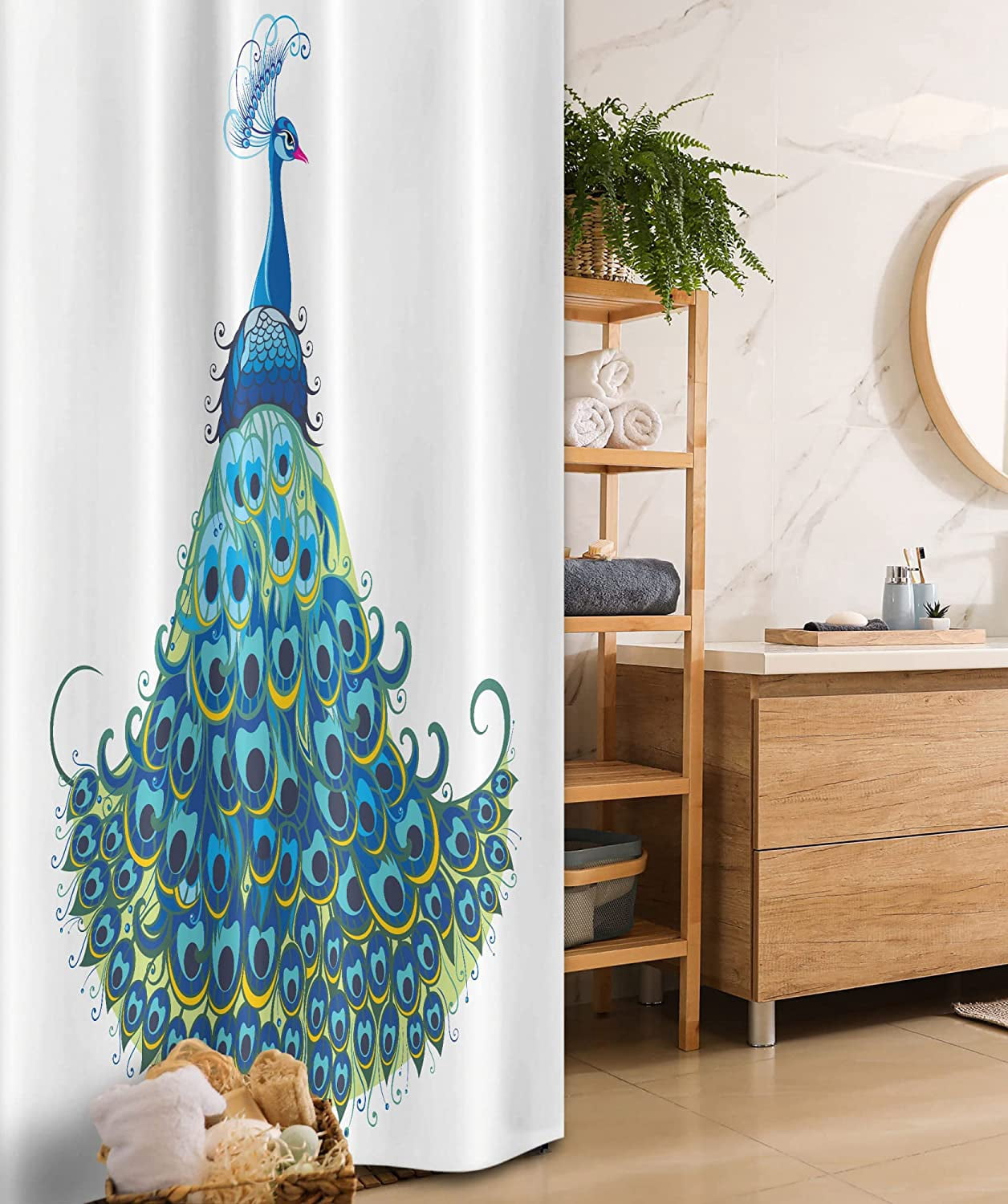Peacock Stall Shower Curtain, Peacock Illustration Floral Classical Curvy Design Tropics Wildlife Theme, Fabric Bathroom Decor Set with Hooks, 36" W x 72" L, Blue Yellow
