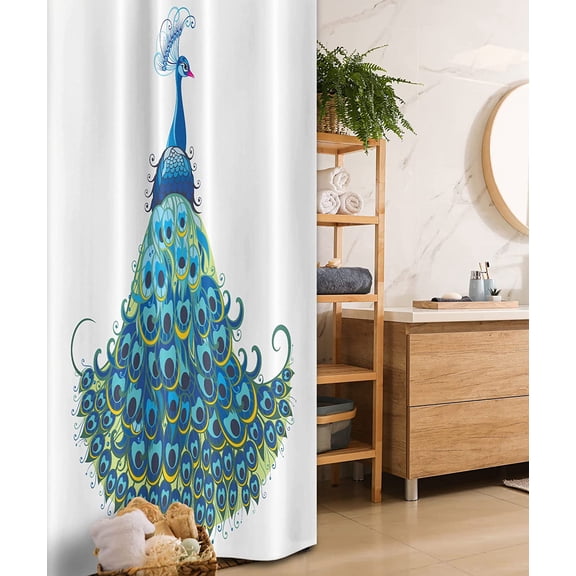 Peacock Stall Shower Curtain, Peacock Illustration Floral Classical Curvy Design Tropics Wildlife Theme, Fabric Bathroom Decor Set with Hooks, 36" W x 72" L, Blue Yellow