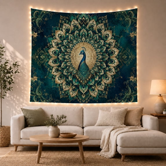 Peacock Standing Profile With Facing As, Mystical Fantasy for Space Lovers, Galaxy Room Decor Room Accent, Mother's Day Gift, Tapestry Wall Hanging for Bedroom and Dorm