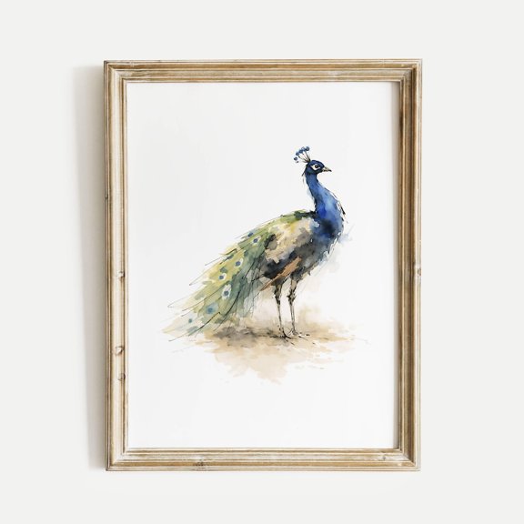 Peacock Standing on Soft Ground Wall Art Bird Wall Art Ink and Wash Nature Decor Spring Floral Bird Gift for Home Unframed Paper Print