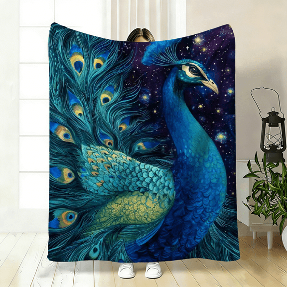 Peacock Starry Sky-Themed Polyester Flannel Blanket – Soft, Warm Throw for Bed, Sofa, Travel, Camping – 3 Sizes