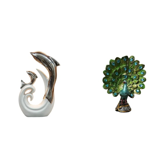 Peacock Statue Dolphin Figurine Ceramic Accent Silver White Finish for Bookshelf Hotel Wedding Gift