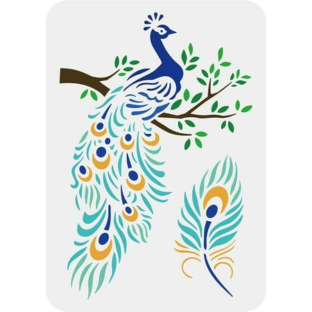 Peacock Stencils for Painting 11.7x8.3inch Reusable Peacock on Branches Pattern Drawing Stencil Peacock Feather Stencil DIY