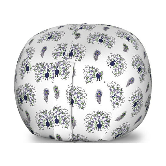 Peacock Storage Toy Bag Chair, Boho Pattern with Bird and Feathers on Plain Background, Stuffed Animal Organizer Washable Bag, Large Size, Indigo Multicolor, by Ambesonne