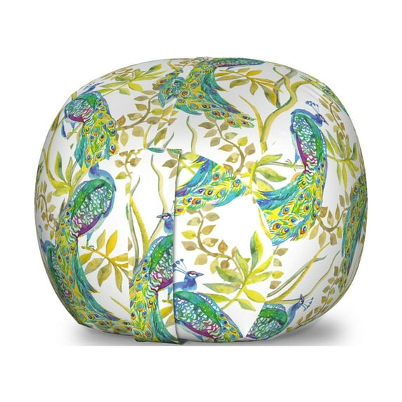 Peacock Storage Toy Bag Chair, Watercolor Pattern with Abstract Vivid Exotic Long Tailed Birds on Branches, Stuffed Animal Organizer Washable Bag, Small Size, Multicolor, by Ambesonne