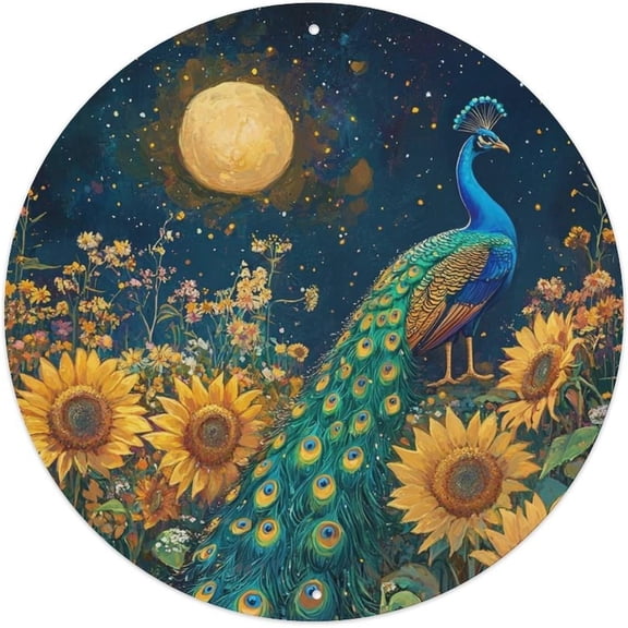 Peacock in Sunflower Field with Blooming Flowers Under Starry Sky Metal Round Sign Aluminum Wall Art 8x8 Inch Indoor Outdoor Decor for Home Bedroom Office Kitchen Bar Cafe Garden