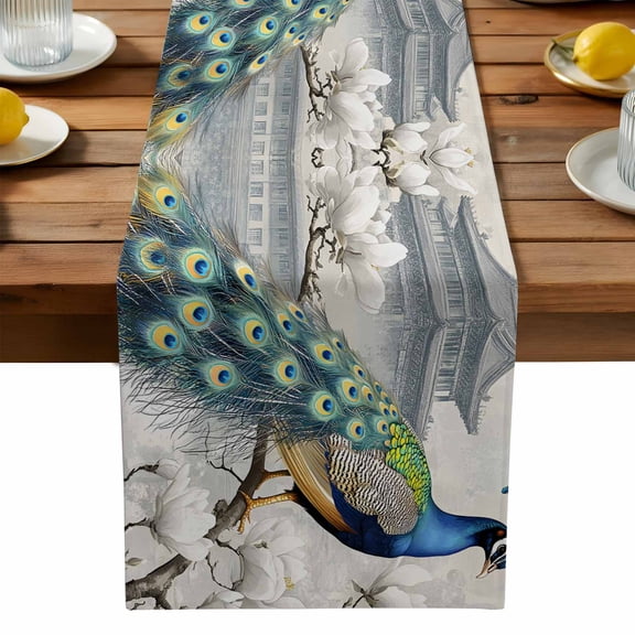 Peacock Table Runner, Retro Flowers Watercolor Attic Vintage Kitchen Table Runners Dress Scarves for Table Decorations Party/Restaurant/Indoor Outdoor Use, 13x36in