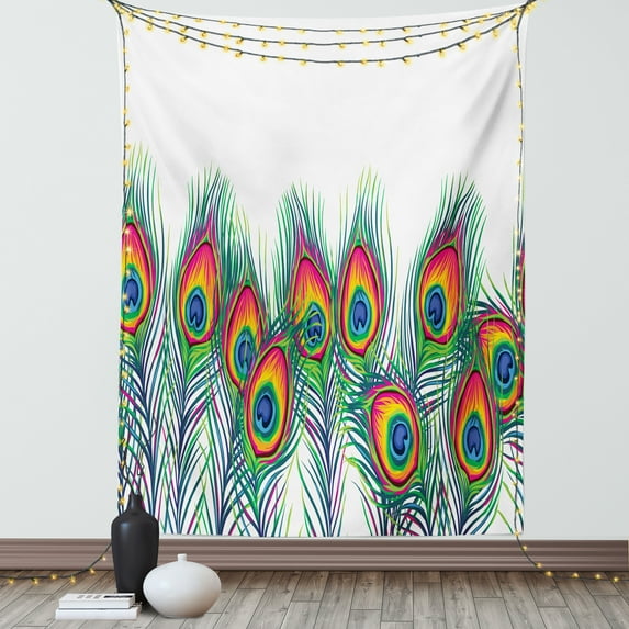 Peacock Tapestry, Bohemian Artwork Illustration with Colorful Feathers on Plain Background, Wall Hanging for Bedroom Living Room Dorm Decor, 40W X 60L Inches, Multicolor, by Ambesonne