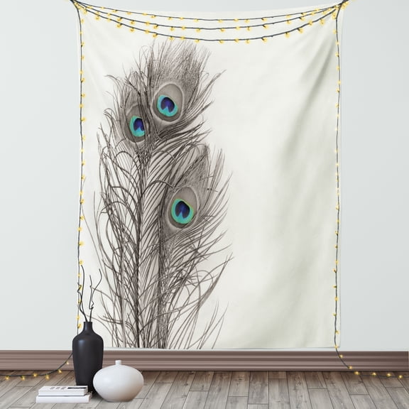 Peacock Tapestry, Feathers of Exotic Bird on White Backdrop Bohemian Wildlife Composition, Wall Hanging for Bedroom Living Room Dorm Decor, 60W X 80L Inches, White Taupe and Blue, by Ambesonne
