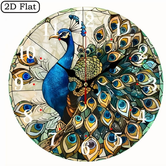 Peacock Themed Wreath Sign Round 2D Flat 1pc 10Inch Design Silent Wall Clock - Wooden, Ideal for Living Room, Kitchen, Office Decor, Perfect Christmas Gift