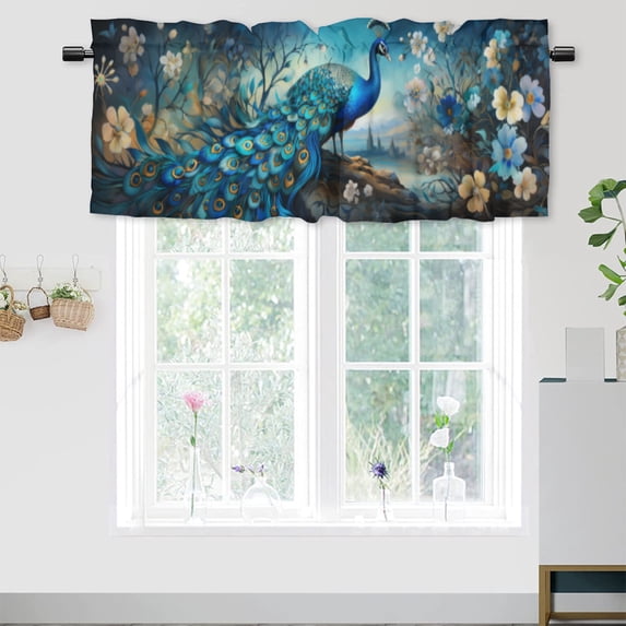 Peacock Thermal Insulated Window Curtain Valance Vintage Blue Peacock Feather Beautiful Bird Flowers Rod Pocket Valances for Bedroom Living Room Dining Room 54 by 18 in, 1 Panel