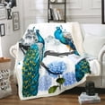 thumbnail image 1 of Peacock Throw Blanket, Blue Floral Retro Chinese Style with Peacock Feathers, Sherpa Plush & Flannel for Couch, Bed & Chic Decor, 1 of 5