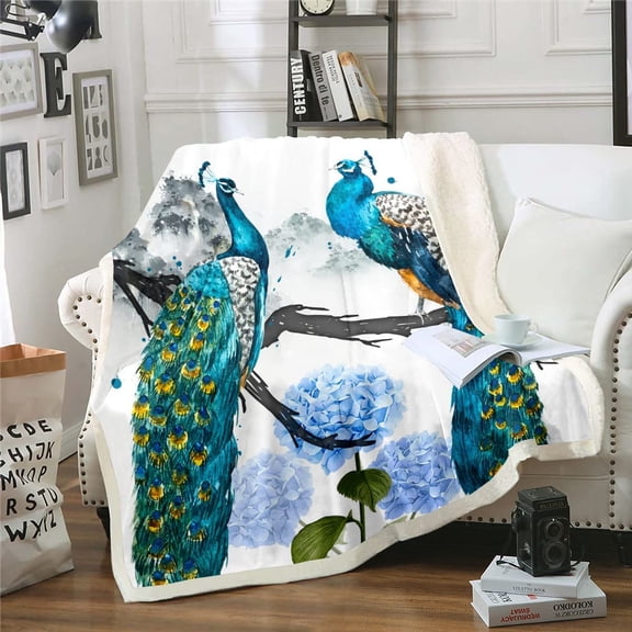 Peacock Throw Blanket, Blue Floral Retro Chinese Style with Peacock Feathers, Sherpa Plush & Flannel for Couch, Bed & Chic Decor
