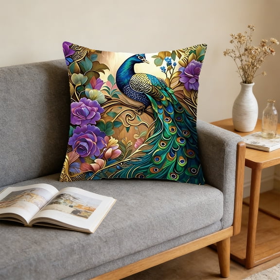Peacock Throw Pillow Covers Cotton Linen Colorful Peacock Feather Decorative Throw Pillow Case Cushion Cover Home Sofa Decor Toss Pillow Pillowcases 18" x 18"