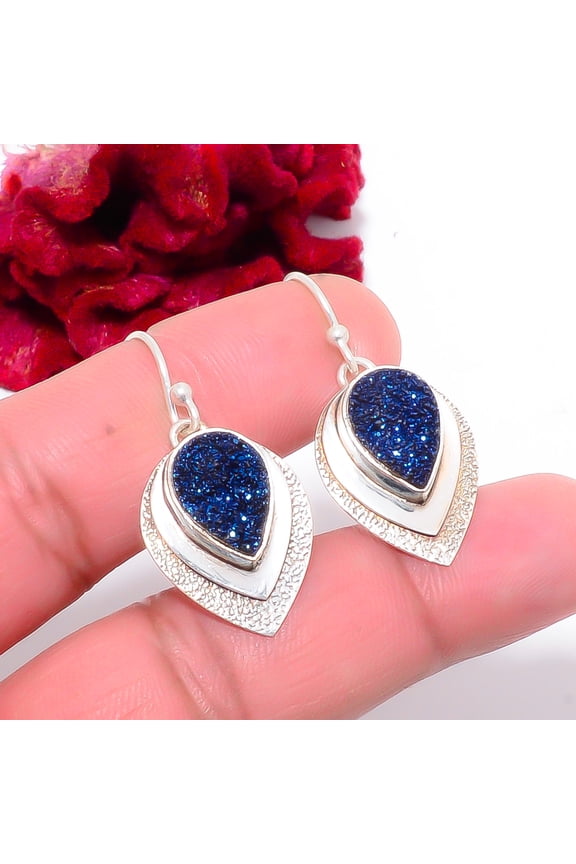 Peacock Titanium Agate Drusy 925 Sterling Silver Earring 1.48" Sk25, Christmas, Handmade Jewelry, Dangle Earring