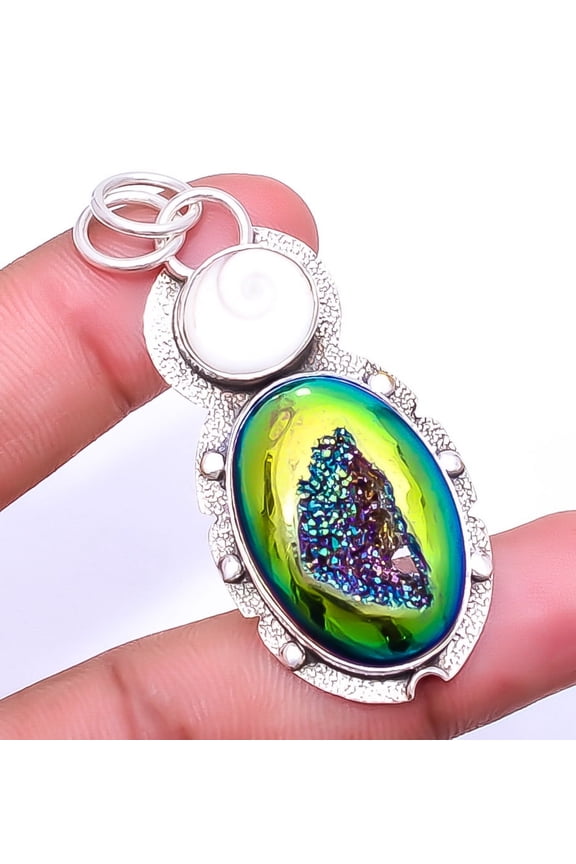 Peacock Titanium Agate Drusy 925 Sterling Silver Pendant 2.34" P9249_85_31, Gemstone Jewelry, Birthday Gift, Christmas Gift