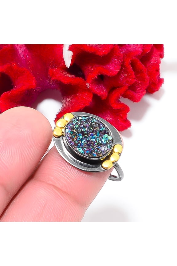Peacock Titanium Agate Drusy Black And Gold Plated 925 Sterling Silver Ring S.8.5 R844206, Christmas Gift