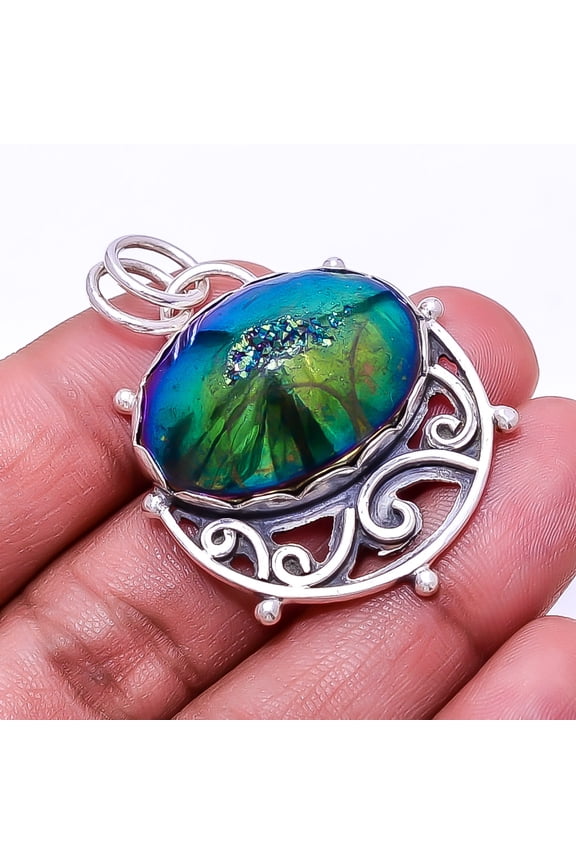 Peacock Titanium Agate Drusy Designer Handmade 925 Sterling Silver Pendant 1.68", Cyan Titanium Agate Drusy Pendant P_8052_316_32