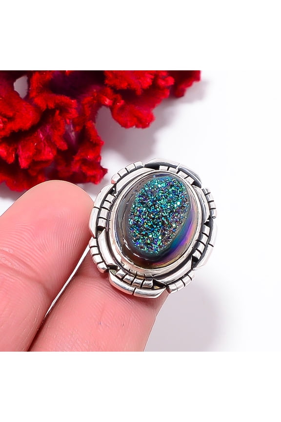 Peacock Titanium Agate Drusy Designer Handmade 925 Sterling Silver Ring S.7 R102665, Christmas Gift