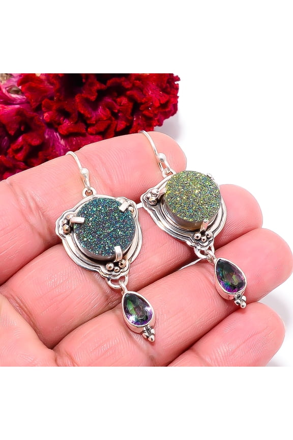 Peacock Titanium Agate Drusy Handmade 925 Sterling Silver Earring 2.11" E9879, Christmas Gift
