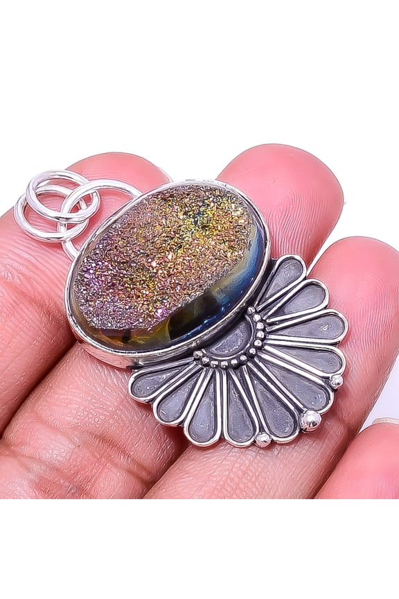 Peacock Titanium Agate Drusy Oxidised 925 Sterling Silver Pendant 1.76" P8, Gemstone Jewelry, Birthday Gift, Christmas Gift