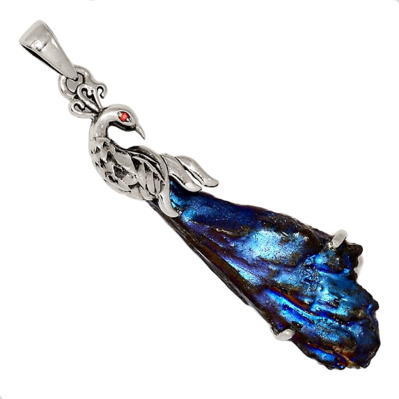 Peacock - Treated Rainbow Aura Kyanite & Garnet 925 Silver Pendant ALLP-24684