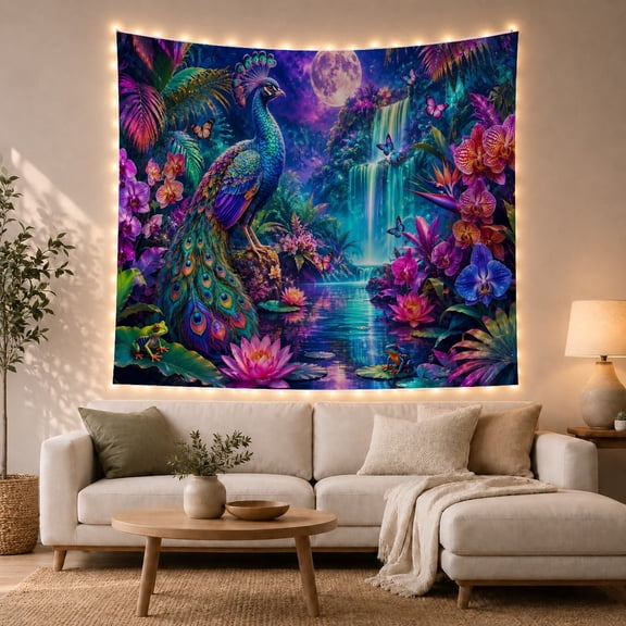 Peacock in Tropical Moonlit Waterfall, Mystical Dreamy Fantasy for Animal Lovers, Wildlife Wall Art, Housewarming Gift, Tapestry Wall Hanging for Bedroom, Living Room and Dorm