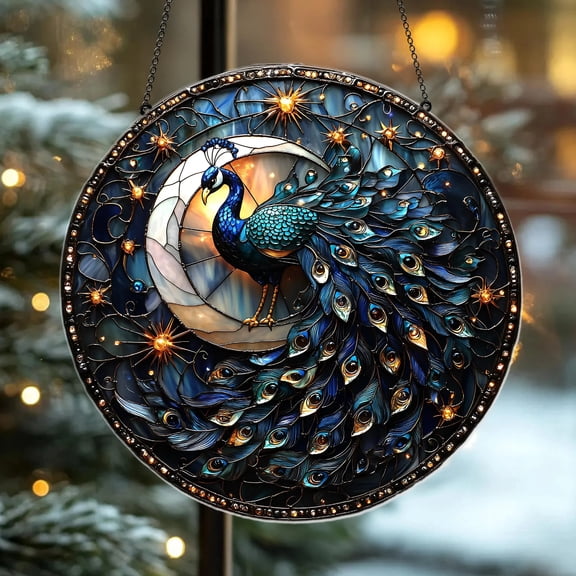 Peacock Under the Stars Faux Stained Glass Suncatcher Acrylic Window Panel With Crescent Moon and Night Sky, Mystical Cosmic Decor
