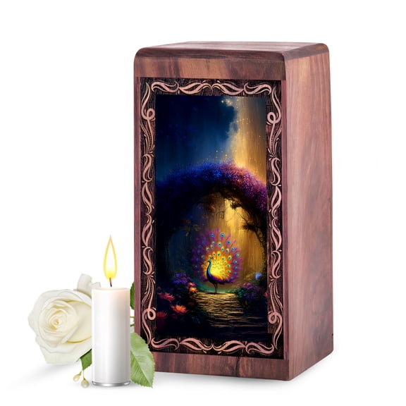 Peacock Urn - Wooden Peacock Theme Cremation Urns - Wood Funeral Urns For Female Ash - Memorial Keepsake Box for Human Ashes