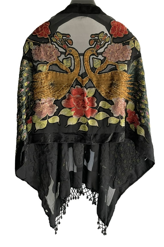 Peacock Velvet Shawl with Fringe Beaded Shawl for Women Peacock scarf Handmade Beading Indian Wraps for women with Tassel