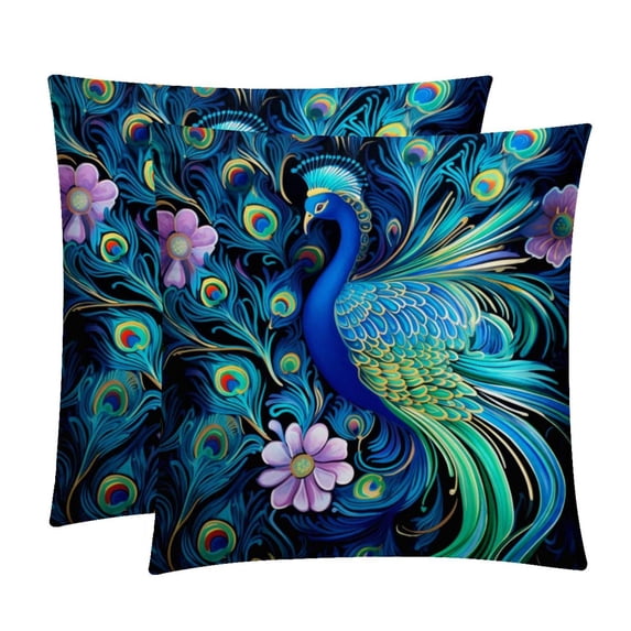 Peacock Velvet Throw Covers Pillow Inserts - Set of 2 Decorative Pillows with Unique Patterns for Home Decor, Couch, Bed - 16x16, 18x18, 20x20 Inches