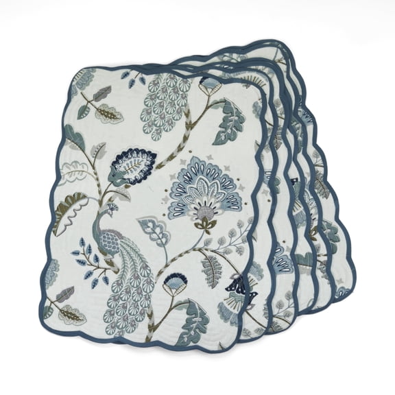 Peacock Vines Luxury Handcrafted Placemats (Reversible) Cotton Quilted Fabric Machine Washable – Set of 6 – Elegant Home Decor – 14 x 19 inches – Bloom Collection