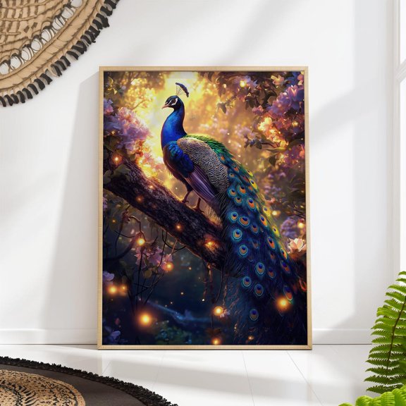 Peacock Wall Art Ethereal Forest Floral Glow Bird Decoration, Stretched Canvas 8x10in