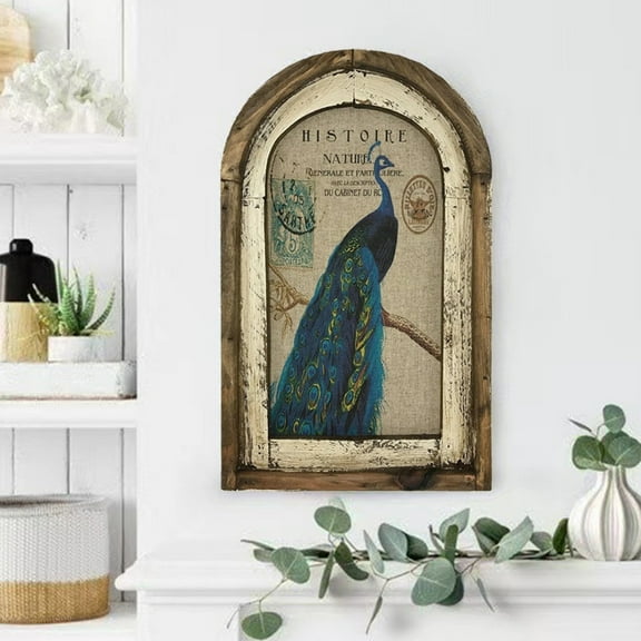 Peacock Wall Art Hanging Painting,12"*8" Rustic Peacock French Country Decor,Farmhouse Peacock Painting with Frame,Vintage Cute Animal Artwork Poster for Home Decor