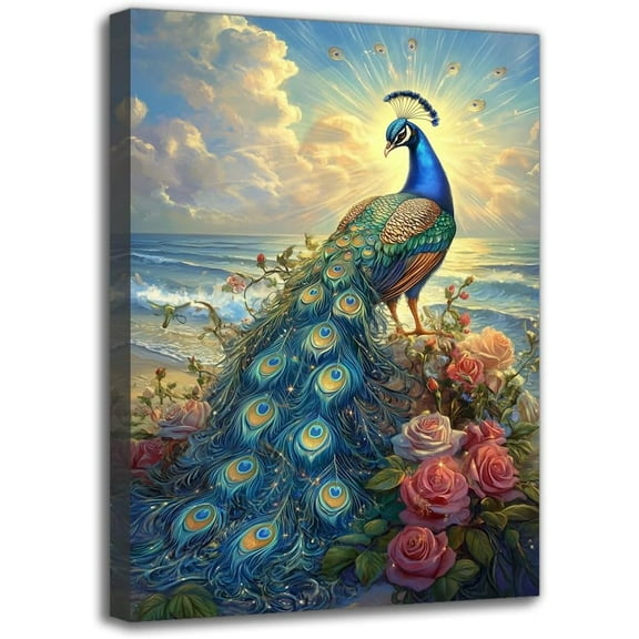 Peacock Wall Art Painting - Elegant Wooden Framed Canvas Print, Wall Decor for Living Room Bedroom Kitchen Office Ideal Gift For Mother or Lover (8W X 12L)