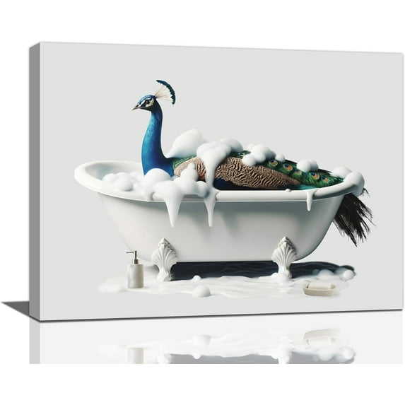 Peacock Wall Art Peacock Bathroom Pictures Wall Decor Aesthetic Peacock in Bathtub Canvas Prints Framed Modern Painting Artwork Home Office Decorations For Kitchen Bedroom Living Room 16"x12"