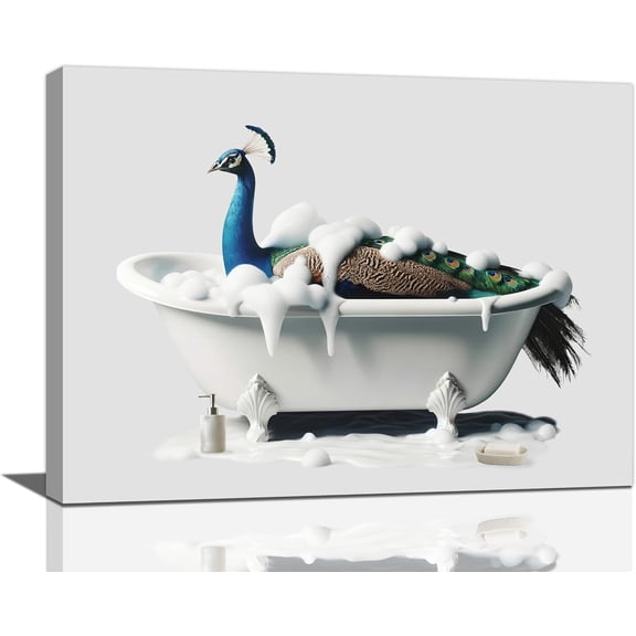 Peacock Wall Art Peacock Bathroom Pictures Wall Decor Aesthetic Peacock in Bathtub Canvas Prints Framed Modern Painting Artwork Home Office Decorations For Kitchen Bedroom Living Room 16"x12"