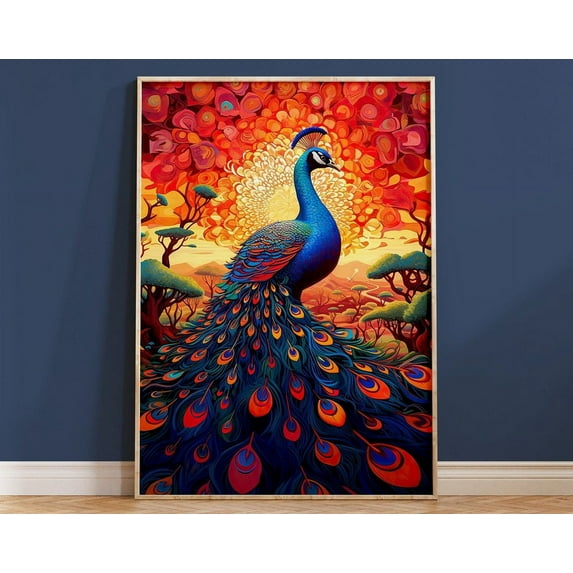 Peacock Wall Art Print Abstract Floral Sunset Boho Housewarming Gift Vibrant Colourful Home Decor Bright Flower Landscape Bird Painting Wall Art, Modern Wall Decor, 12x18 UNFRAMED